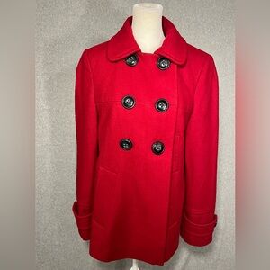 Anne Klein VTG Red Wool Blend Pea Coat Womens Medium Double‎ Breasted big button